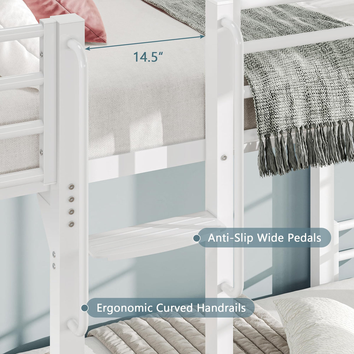 Einhomn Curved Metal Bunk Bed Twin Over Twin, Heavy Duty Bunkbeds with Safety Guardrails, Ladder with Built-in Handrails & Wide Steps, Space-Saving Design for Kids, Teens & Adults