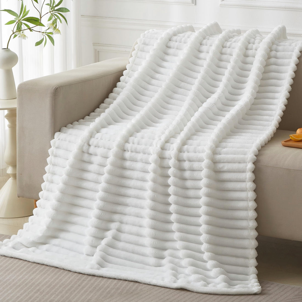 COZYXWORLD 380GSM Heavyweight Ribbed Textured Fleece Blanket, 60x80 Substantial Weight Warm Bed Blankets, Neutral Aesthetic White 60x80 Inches