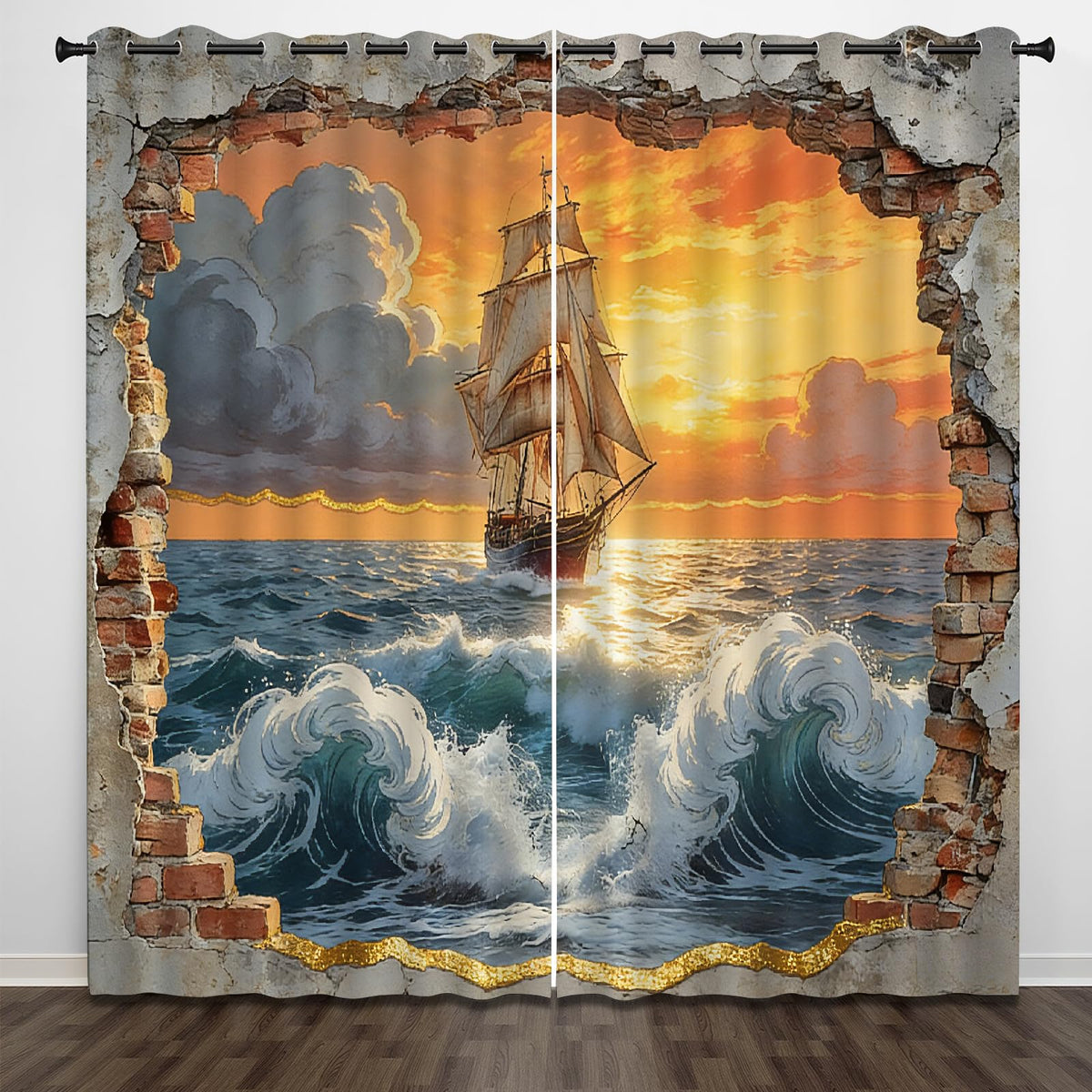 Ocean Sailing Ship Blackout Curtains, Sunset Sky Clouds 3D Printed Top Grommet Drapes 2 Panels, Thermal Insulated Energy Saving Drapes for Bedroom Living Room(104" W x 72 "L)