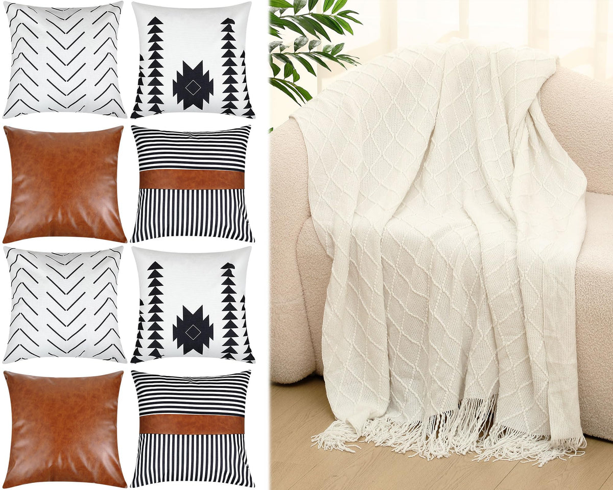 Mixweer Boho Throw Blanket and Pillow Cover Set, Beige Knitted Throw Blanket and Linen Pillow Cover Soft Sofa Couch Cushion for Home Farmhouse Sofa Bed Holiday Decoration