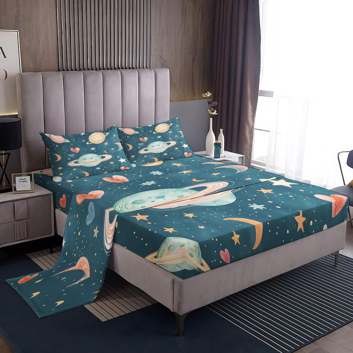 Rejkxyw King Size Sheets Set Cartoon Planet - Star Moon Outer Space Bed Sheets - Boys Girls Sheet Set - 12 Inch Deep Pocket - Ultra Soft Winkle Free Microfiber Bedding Sheets & Pillowcases 4 Piece