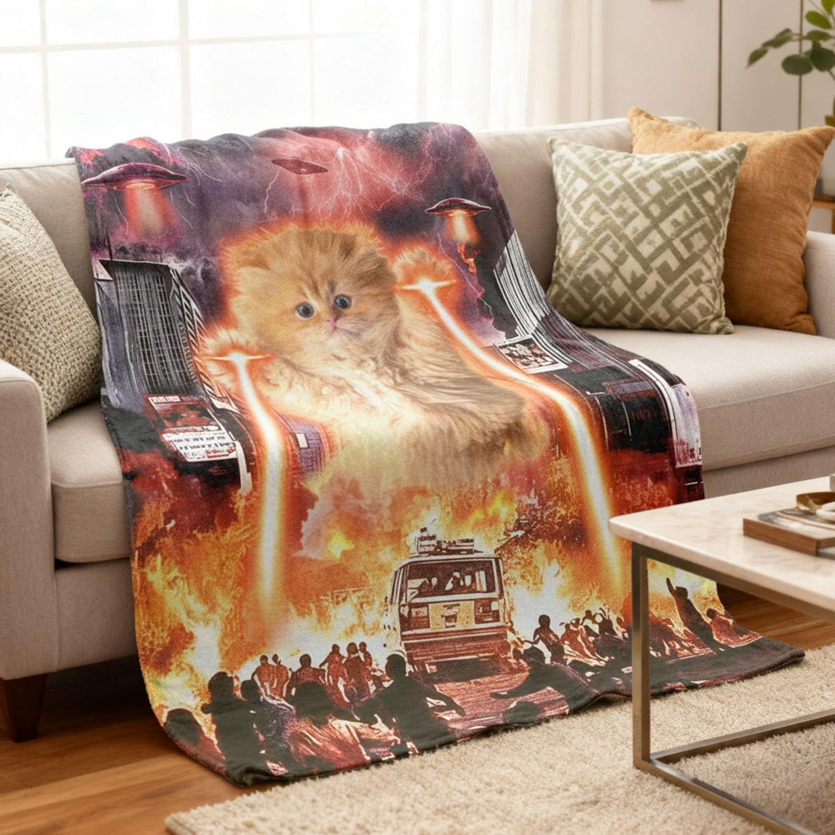 kampdream Funny Cat Flannel Blanket, Catzilla Giant Laser UFO Sci-Fi City Attack Blanket, Super Soft and Warm for Couch Sofa Living Room Unique 50×60 inch