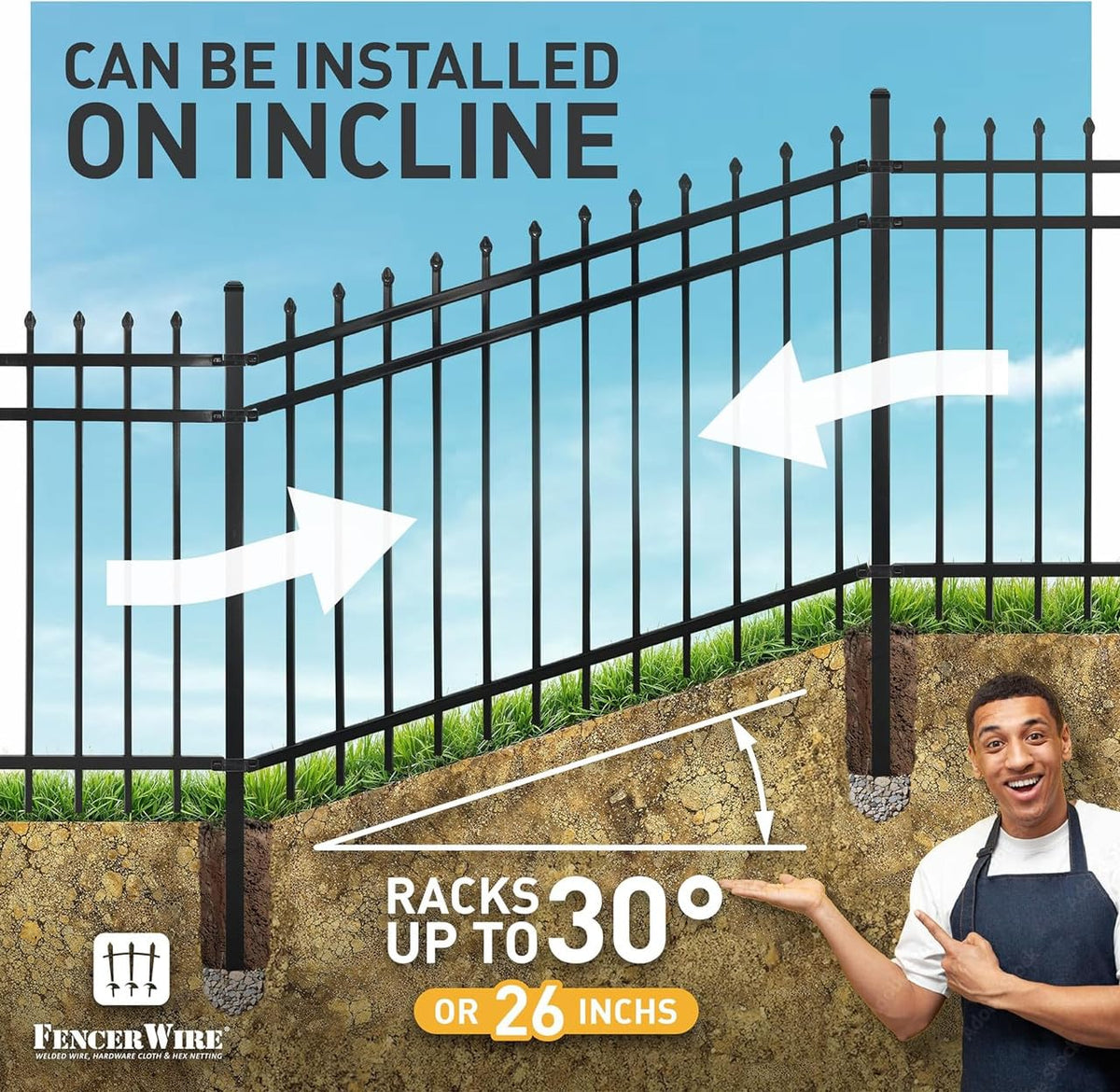 Fencer Wire 76FT Heavy Duty Pinnacle Fence Barrier Kit, Anti-Rust Metal Steel Fence with 5FT Height X 6FT Width Panels, with Arched Gate, Posts, Connectors, Outdoor Fencing for Yard