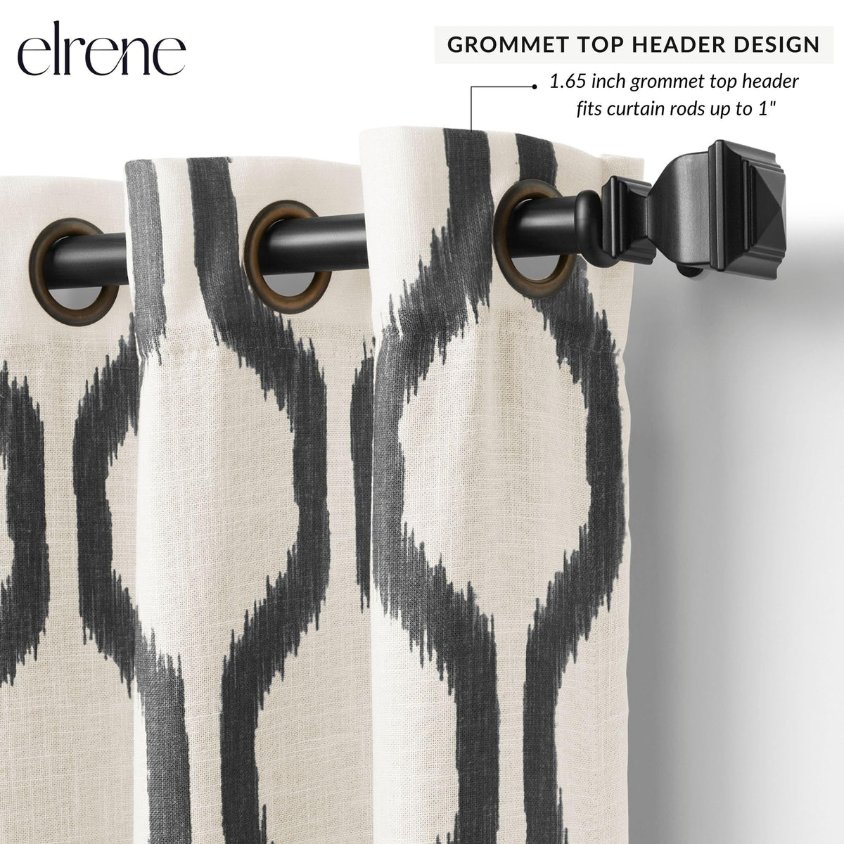 Elrene Home Fashions Renzo Ikat Geometric Room-Darkening Window Curtain, Living Room and Bedroom Drape with Grommets, 52"x84", 1 Panel, Black