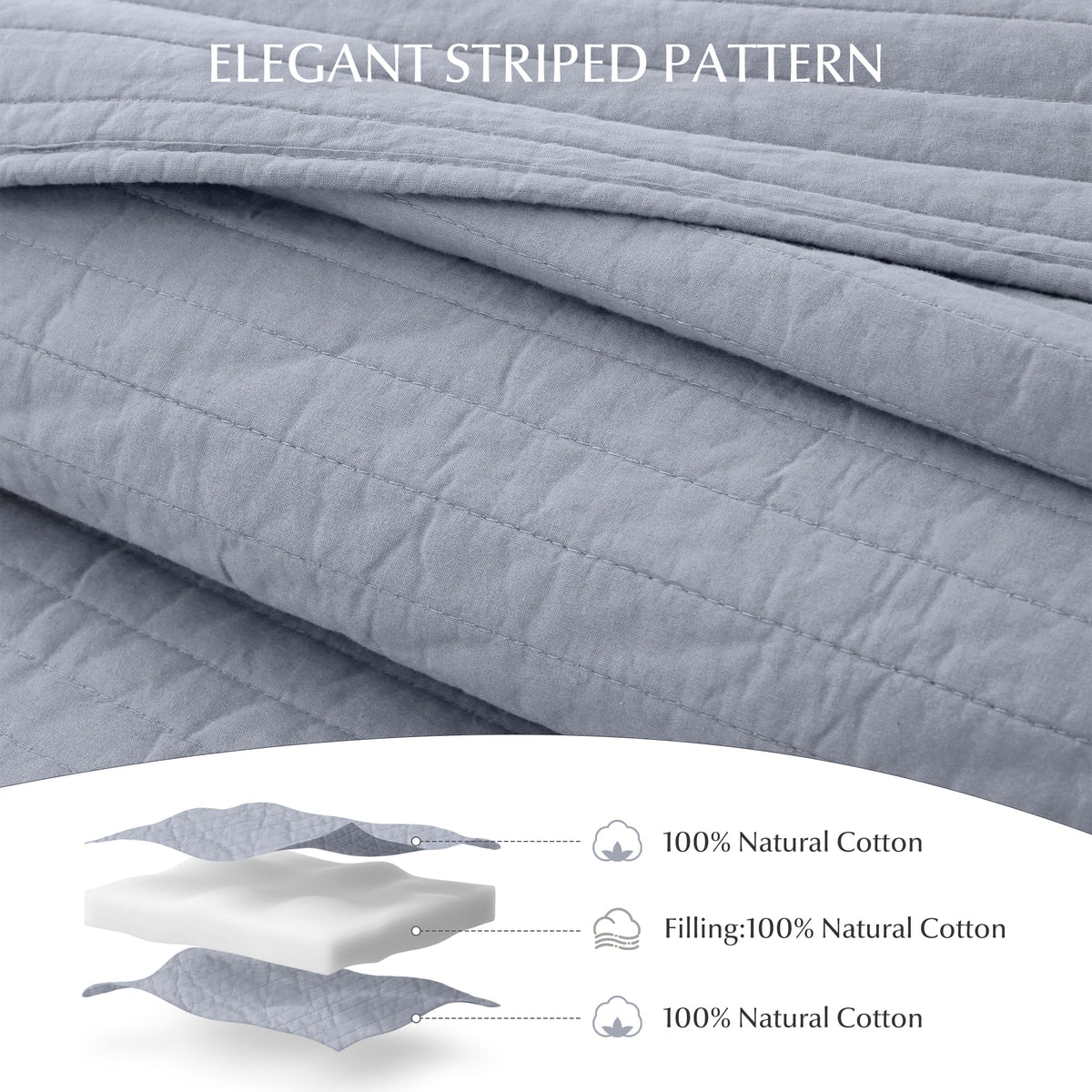 FDDX 100% Cotton Quilt Set Queen Size - Soft Lightweight Stripe Bedding Set, Classic Comforter Set for All Season with 2 Shams, Oversized Bedspread Coverlet, 90x98 inches