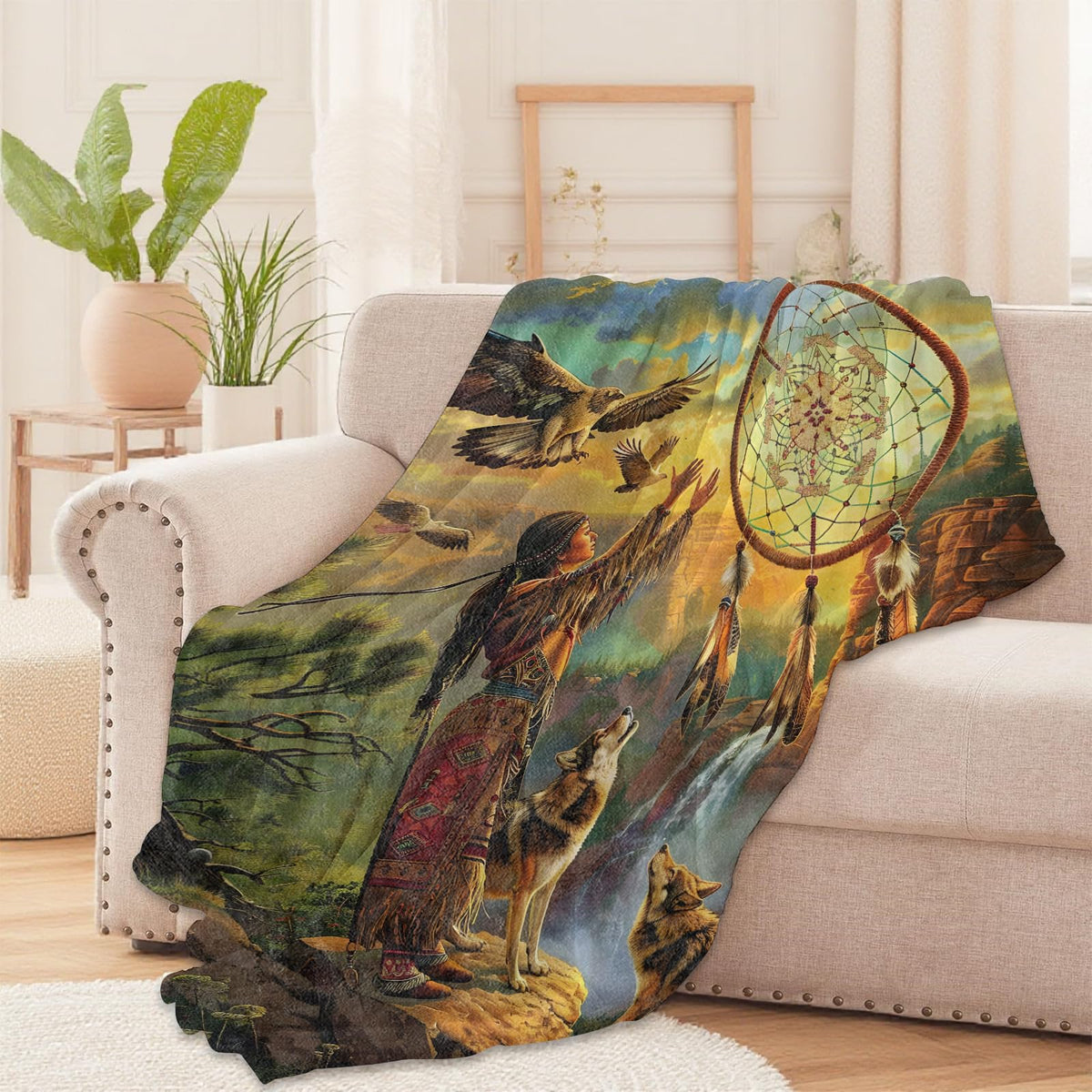 Native American Dreamcatcher Throw Blanket for Boys Girls Kids Adults Women, Fuzzy Warm Soft Cozy Flannel Blankets Gifts for Bedroom, Couch, Travel, Home Decor 50x60 in