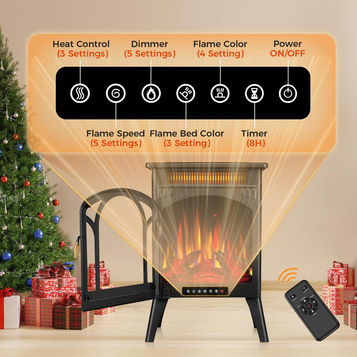 Electric Fireplace Stove, 1500W, Fast Heating, X Infrared Fireplace Heater with Remote Control, 8H Timer, Freestanding Stove with Adjustable 3D Flame Overheat Protection, Indoor Fireplace