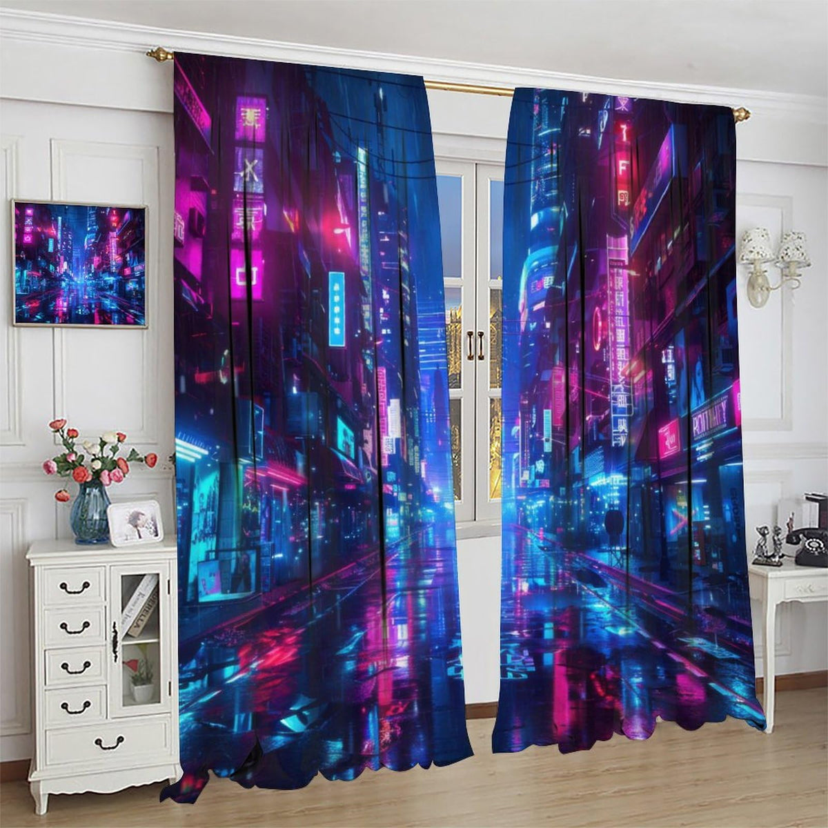 VUMIVI Cyberpunk Cityscape Curtains Neon Futuristic Urban Landscape Window Treatments for Gaming Room Sci-Fi Bedroom Tech Expo 42" W X 44.5" L