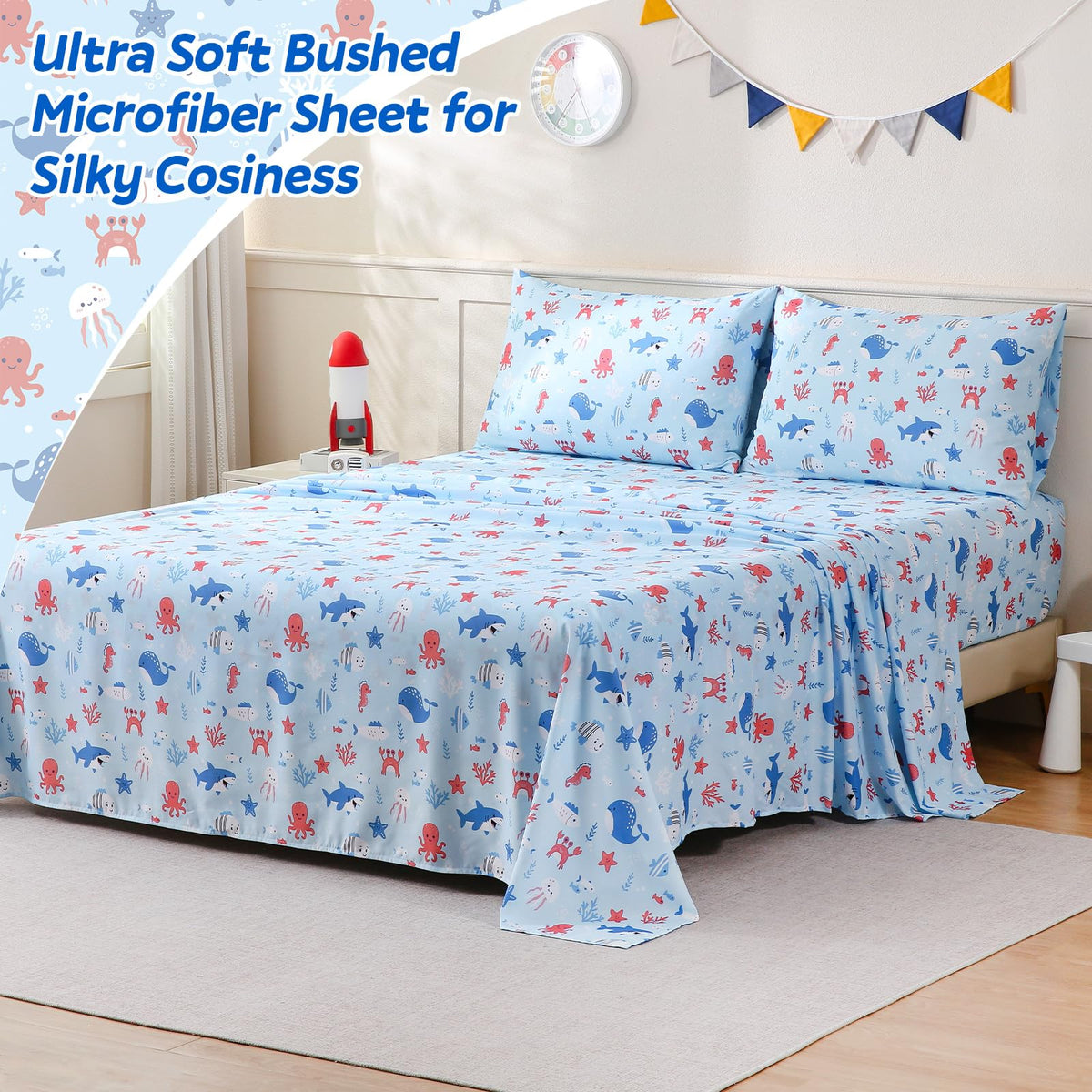 ChicView Twin Sheet Set Kids,3 Pieces Breathable Soft Microfiber Bedsheets for Child Boys Girls, Anti Pilling Deep Pockets Easy Care Bed Sheets, Ocean Animals