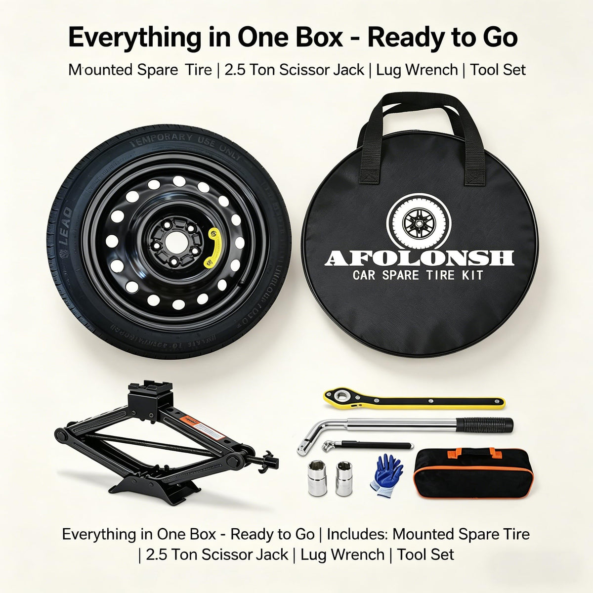 Spare Tire Kit Compatible with 2016-2025 Chevrolet Malibu | 135/70R18 Compact Donut Spare | Complete Roadside Kit Includes Scissor Jack, Lug Wrench & Storage Bag – Fits Under Trunk Floor