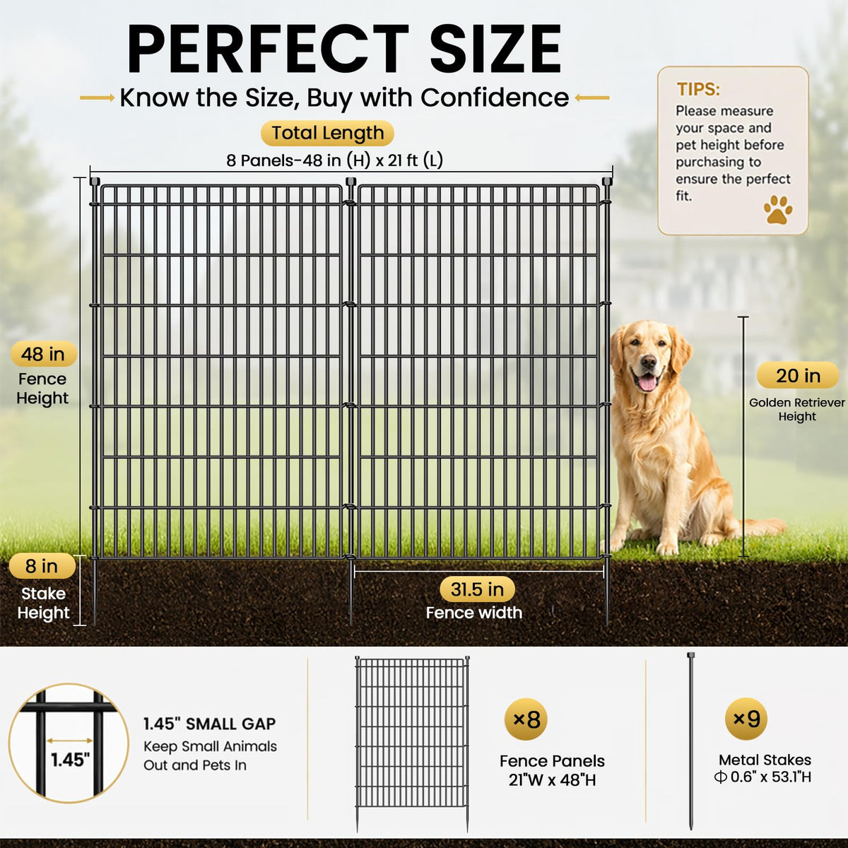8 Panels No Dig Garden Fence Animal Barrier, 48in(H) × 21ft(L) Decorative Metal Outdoor Dog Fence, Rustproof Pet Fencing for Yard, Patio, Flower Bed -Temporary Fencing| Easy to Install