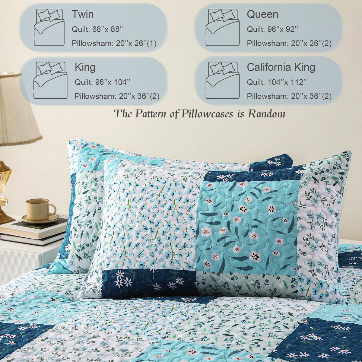 Whale Flotilla Patchwork Quilt King Size, Extra Soft Boho Floral Bedspreads for Bed Reversible Lightweight King Quilt Bedding Set Printed Coverlets with 2 Pillow Shams for All Seasons, Blue