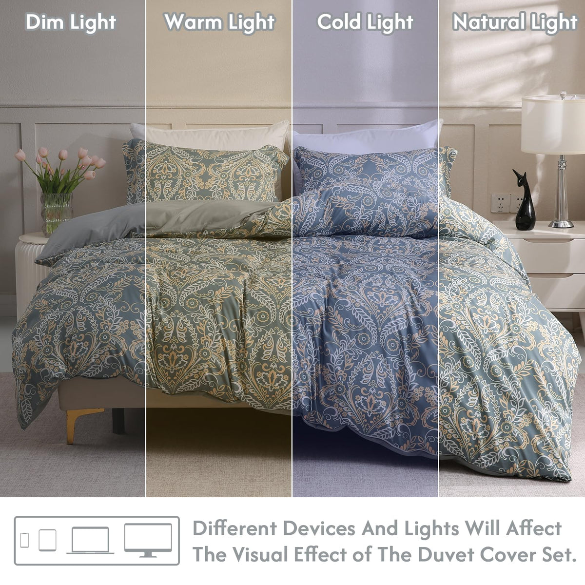 LONAVA Queen Paisley 3 Pcs Duvet Cover Set, Breathable Soft Microfiber Grey Lining Comforter Cover with Zipper Closure, and 2 Anti-Pilling, Fade Resistant Pillowcases, Green Pasliey