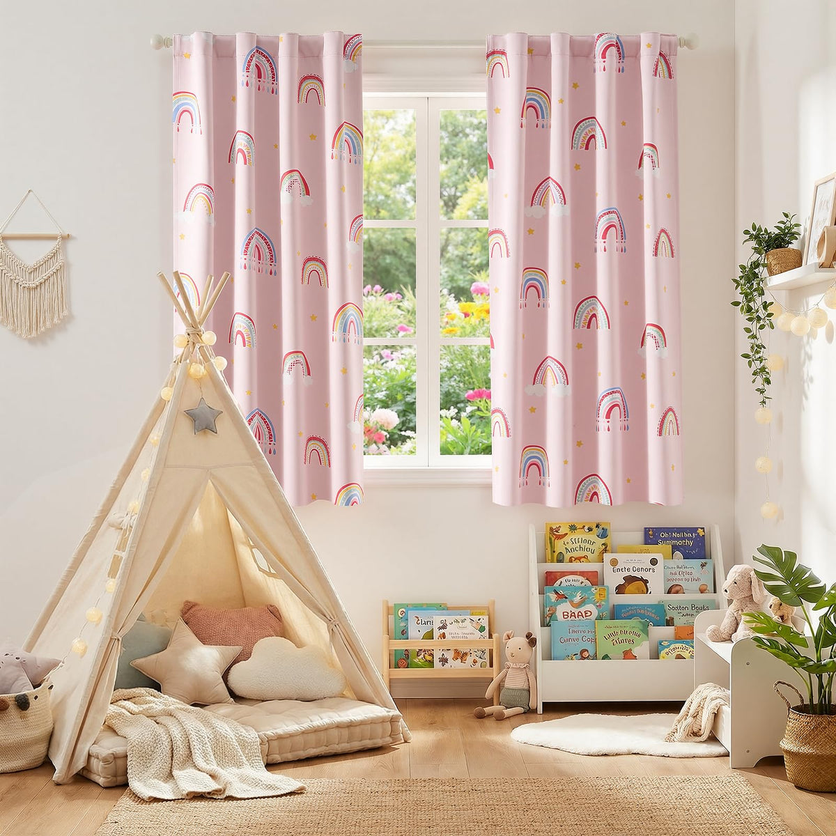 Vangao Blackout Curtains for Kids Bedroom Rainbow Pink Nursery Curtains 63 Inch Length Short Drapes for Teen Girls Thermal Insulated Room Darkening Boho Light Blocking for Living Room Set of 2