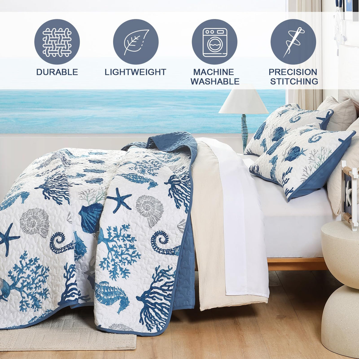Djoymock Coastal King Size Quilt Set 3 Pcs, Summer Blue Beach Theme Quilts with Pillowcases Reversible Microfiber Ocean Bedding Set Nautical Bedspreads Coverlet Lightweight Comforter for All Season