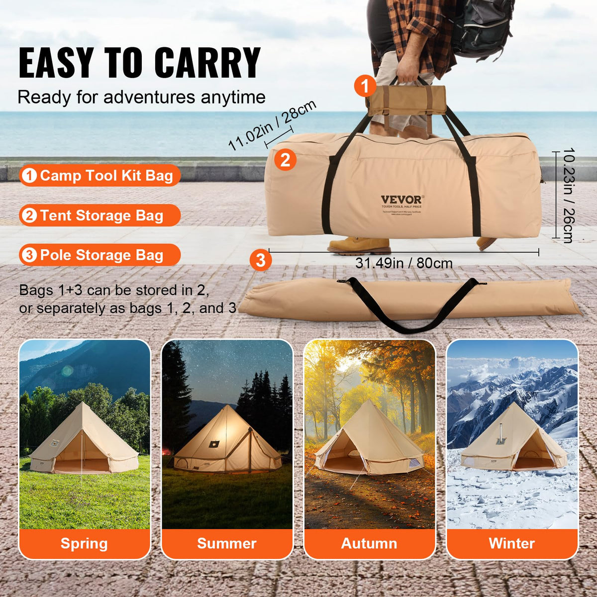 VEVOR Canvas Bell Tent, 4 Seasons 3 m/9.8ft Yurt Tent, Canvas Tent for Camping with Stove Jack, Family Camping Outdoor Hunting Party