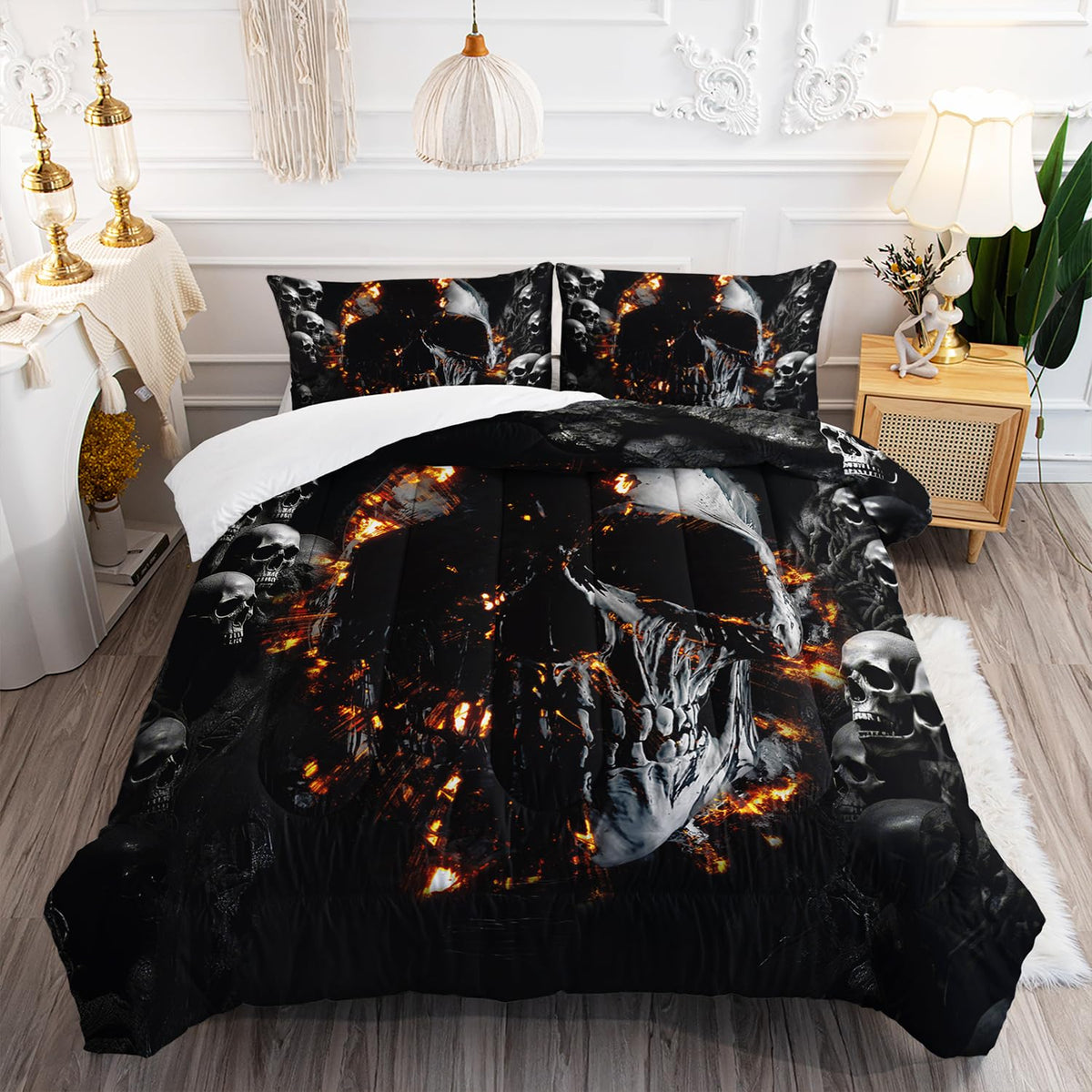 AILONEN Gothic Skull Comforter Set Twin Size, Grey Skeleton Fire Skull Goth Bedding Set,Rock Skull Bedding Quilt with 2 Pillowcases,3 Pieces Skeleton Skull Black Twin Comforter Set