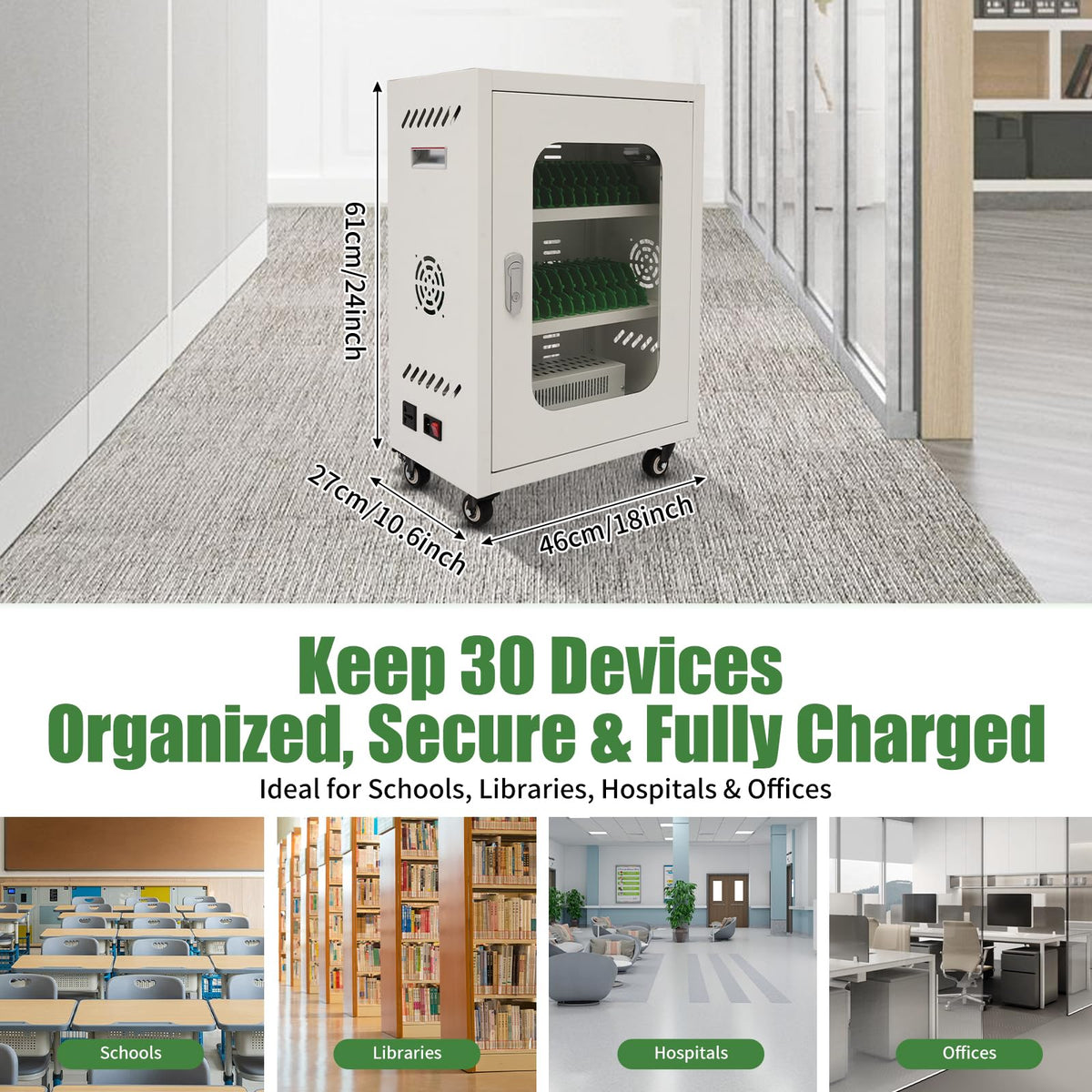 QUEWATSA 30 Slots Cell Phones Charging Station, Rechargeable Cellphone Locker Storage Charging Station, Mobile Charging Cart with Charging Ports, Wheels & Combination Lock (White)