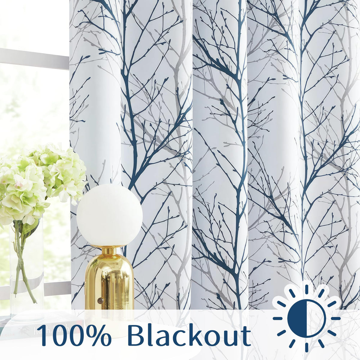 FMFUNCTEX 100% Blackout Curtains for Bedroom, Blue White Tree Branch Curtains 54 Inches Long for Living Room, Short Thermal Insulated Window Drapes for Basement, Small Windows 2 Panels Grommet Top