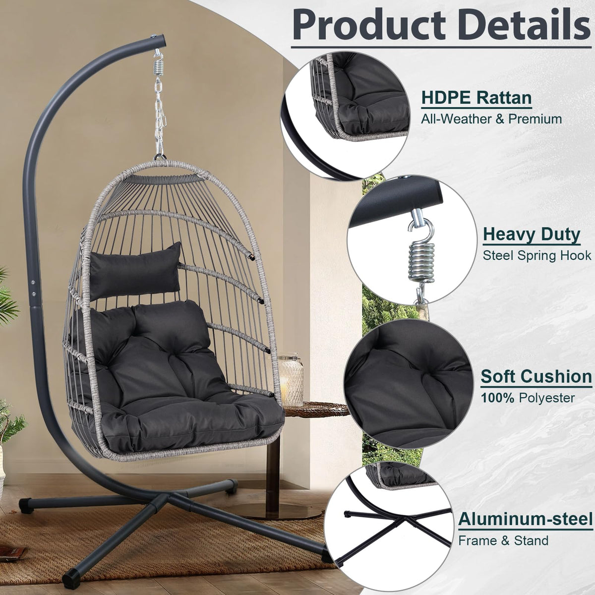 GDFStudio Outdoor Egg Hanging Chair with Stand, Patio Wicker Swing Egg Chair Indoor Outdoor Hammock Chair, 350 lbs Capacity, Black Gray