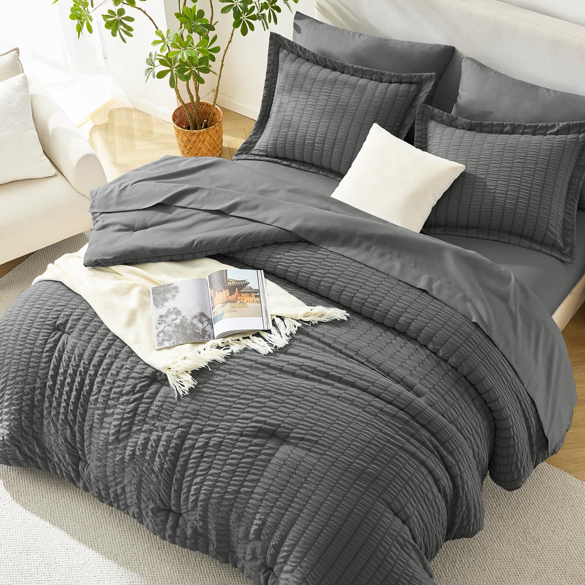 HIMEET Queen Comforter Set - 7 Pieces Seersucker Bed in a Bag, Boho Bedding Sets for Bedroom Decor, All Season Home Essential Bed Set with Comforter, Sheets, Pillowcases & Shams, Dark Grey