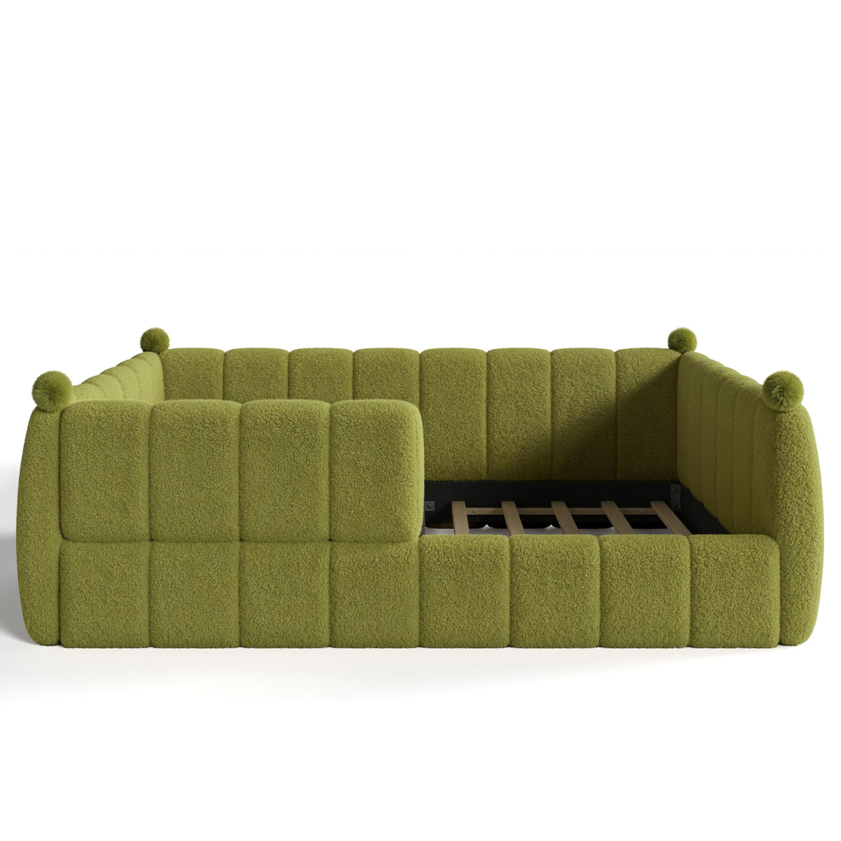 Bellemave Queen Size Teddy Fleece Upholstered Montessori Floor Bed with Fence,Low Profile Kids Bed Frame with Full Padded Safety Guardrails, No Box Spring Needed for Boys and Girls,Green