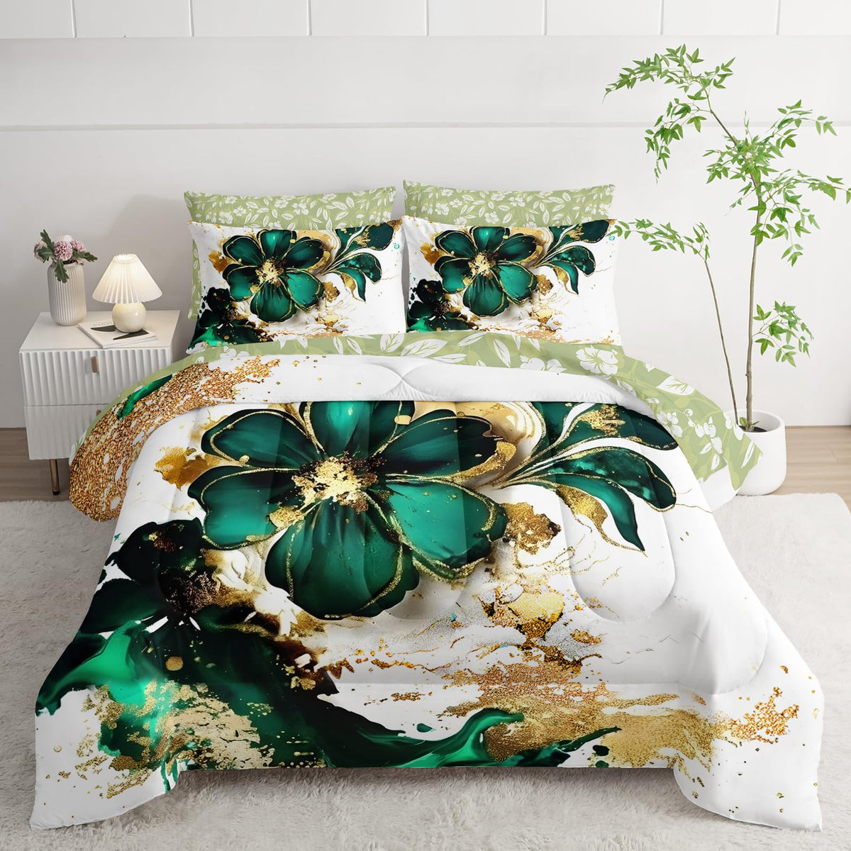 AILONEN Gold Green Floral Comforter Set Twin Size,7-Piece Soft Bed in a Bag,Marble Flower Comforter & Fitted Sheet & Flat Sheet & 2 Pillowcases,2 Pillow Shams for Girls Women