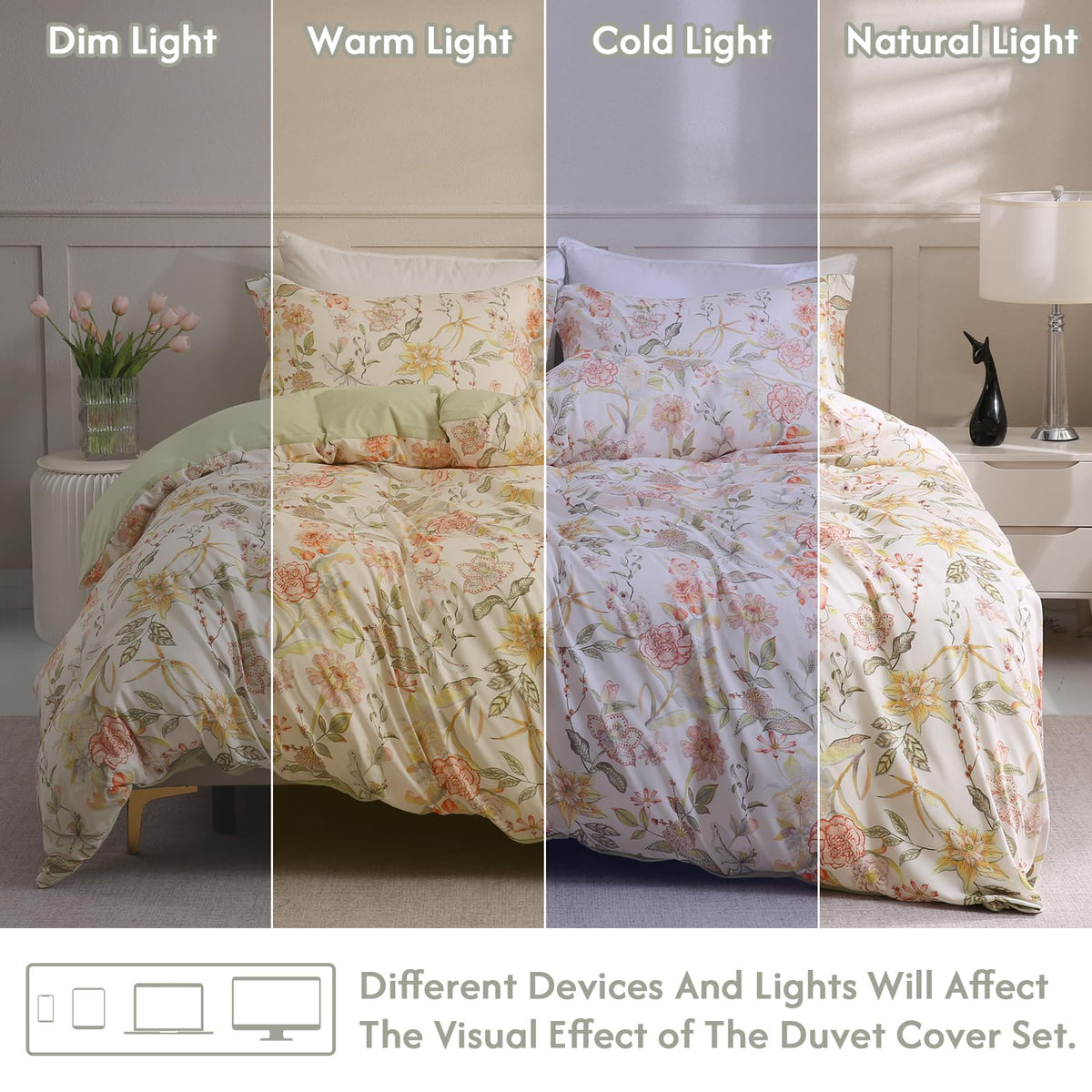 LONAVA Queen Floral 3 Pcs Duvet Cover Set, Breathable Soft Microfiber Glass Green Lining Comforter Cover with Zipper Closure, and 2 Anti-Pilling, Fade Resistant Pillowcases, Fall Floral