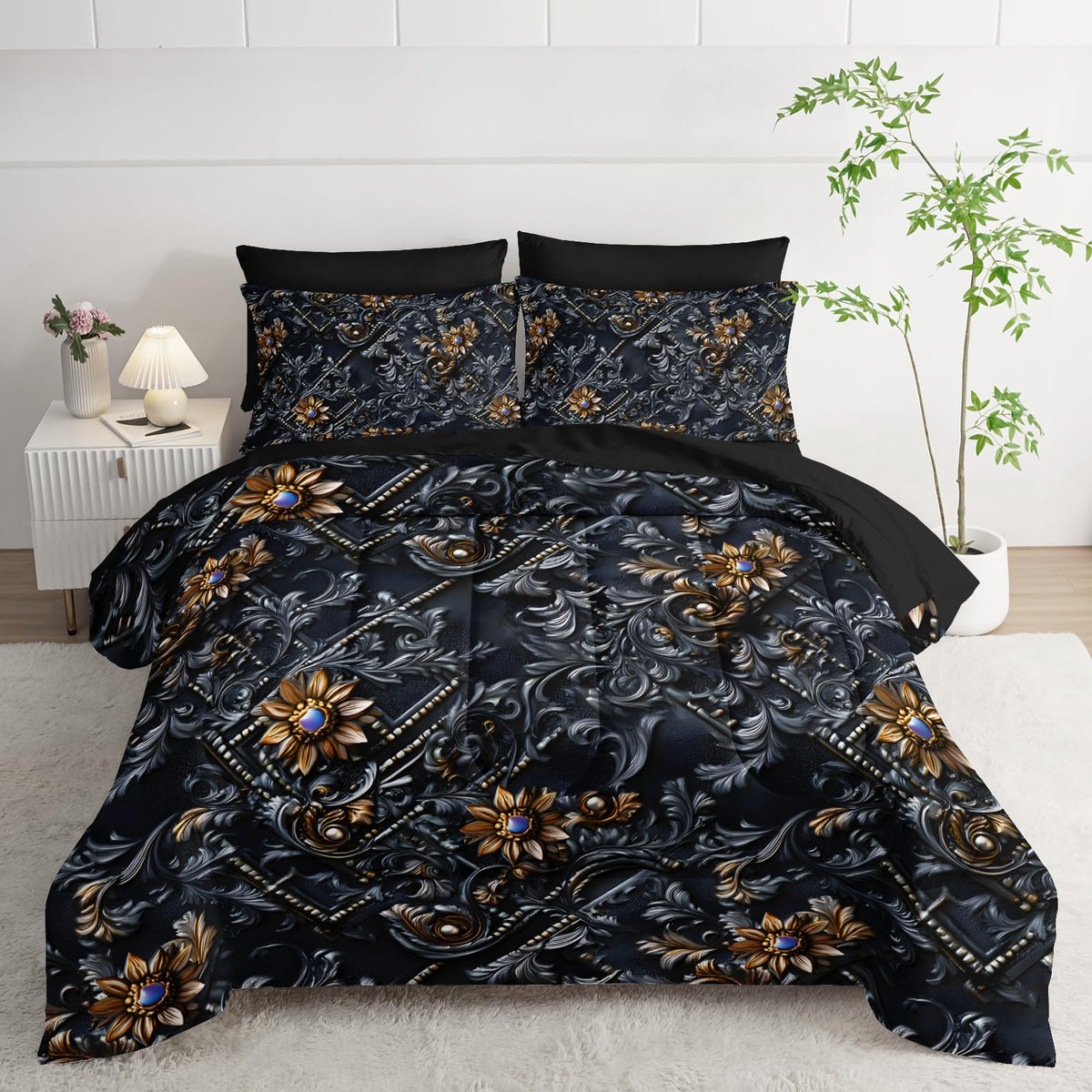 lneffble 7 Piece Black and Gold Baroque Comforter Set Queen，Baroque Queen Bedding，(1 Comforter, 1 Flat Sheet, 1 Fitted Sheet, 2 Pillowcase and 2 Pillow Sham)，Baroque Gothic Bedroom Decor