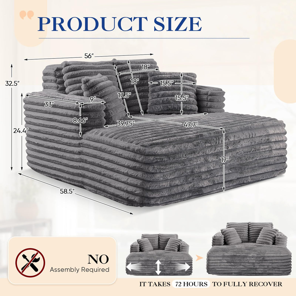 Oversized Chaise Lounge Indoor, Modern Plush Faux Fur Fabric Deep Seat Boneless Memory Foam Sleeper Chaise Lounge Sofa Chair with Pillows for Living Room Bedroom Studio, No Assembly Couch, Grey