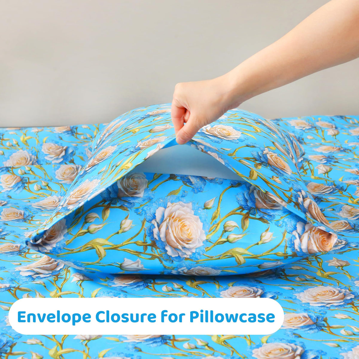 Mooreeke Cozy Floral Microfiber Printed Twin Sheet Set - Soft & Breathable 3D Rose Bed Sheets with Deep Pocket - Non-Slip Fitted Design - Blue White Rose Pattern - Full