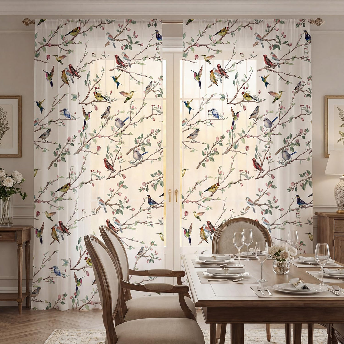 Horaldaily Outdoor Sheer Curtains for Living Room and Bedroom, Birds Branch Floral Window Curtains, Holiday Window Drapes Decor, 52" W x 84" L, Set of 2 Curtain Panels