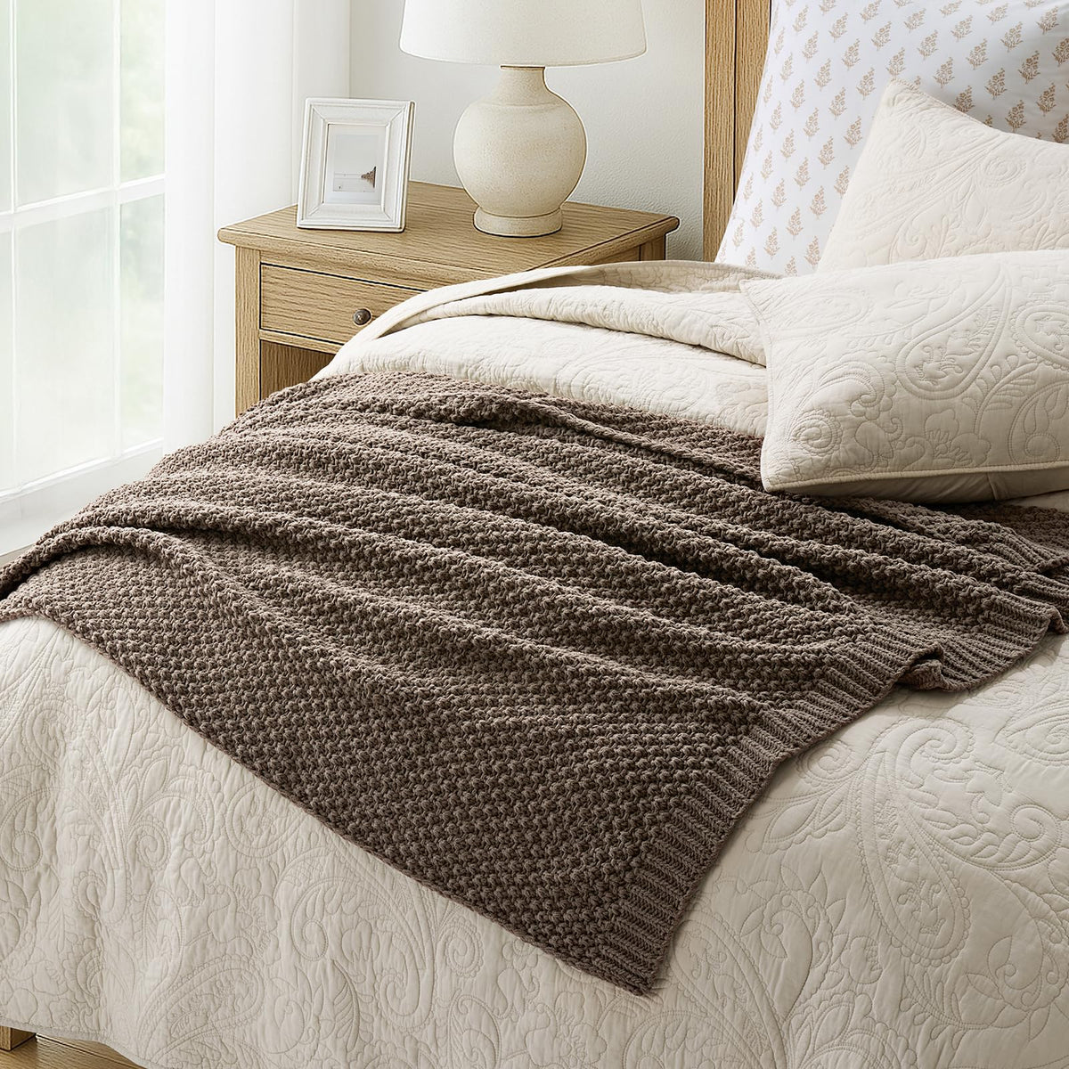 EVERGRACEHOME Chunky Chenille Knit Throw Blanket for Couch, Soft Luxurious Moss Stitch Blankets for Bed, Cozy Decorative Farmhouse Knitted Throws for Sofa, Mocha Brown, 50" x 60"