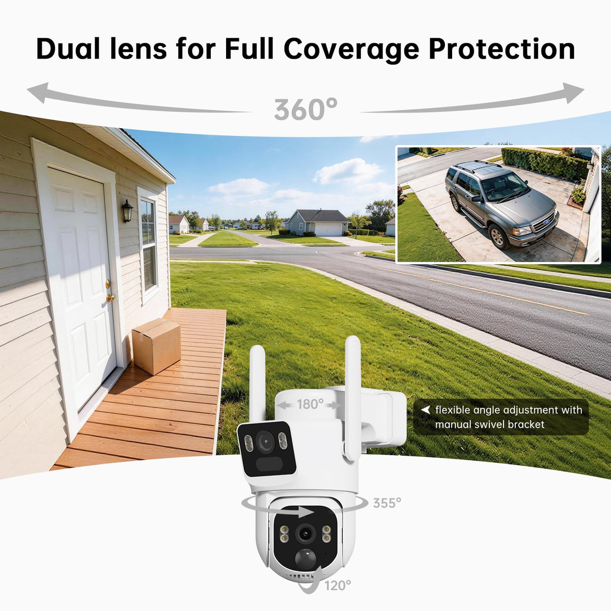 SEHMUA Dual Lens Solar Security Cameras Wireless Outdoor, 2K+2K Dual Views Outdoor Camera Wireless, Color Night Vision, PIR Motion Alerts, 2.4GHz WiFi, IP65, Optional Storage