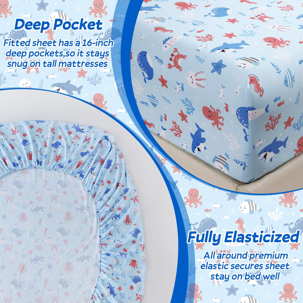 ChicView Twin Sheet Set Kids,3 Pieces Breathable Soft Microfiber Bedsheets for Child Boys Girls, Anti Pilling Deep Pockets Easy Care Bed Sheets, Ocean Animals