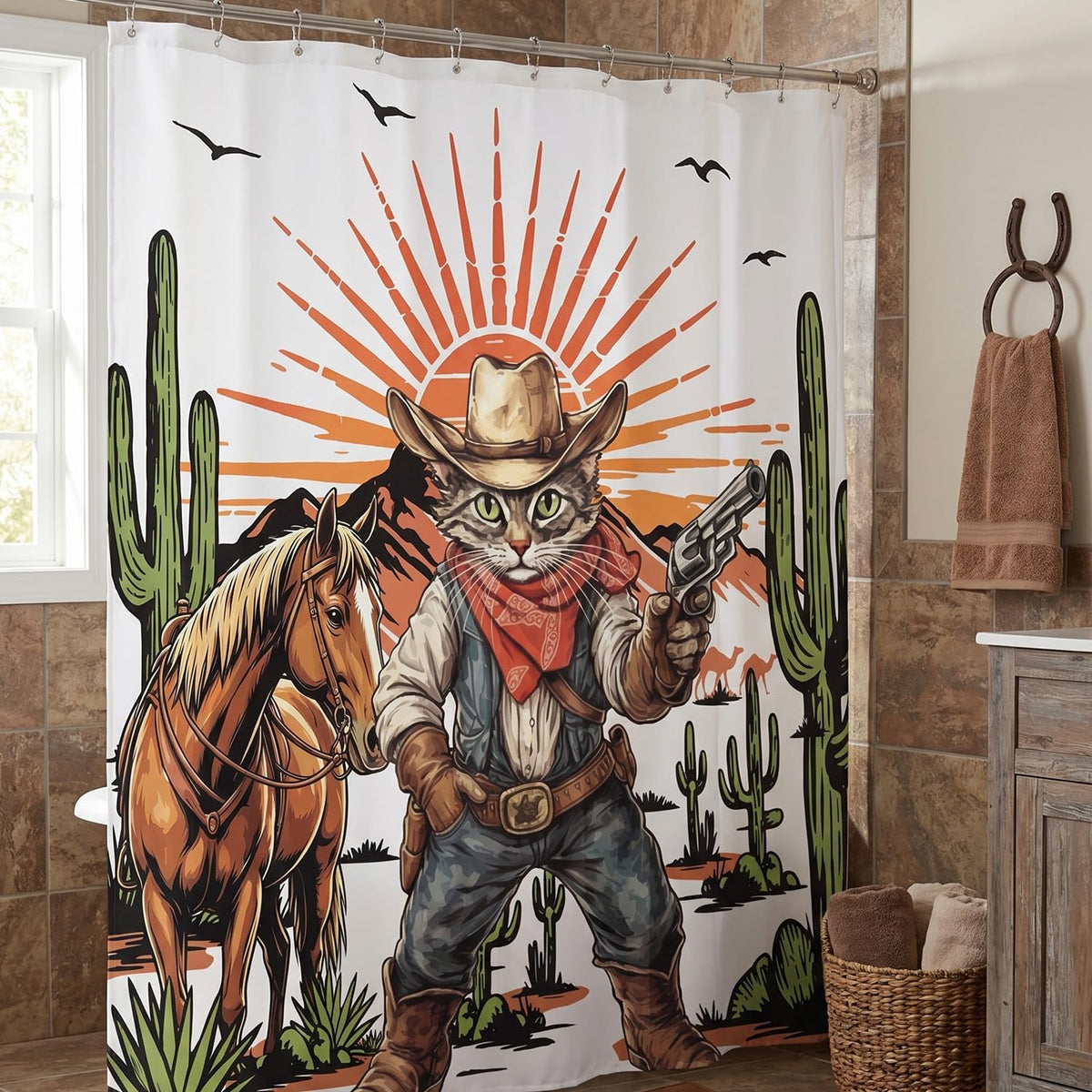 InIsaJace Cowboy Cat Shower Curtain, Funny Western Shower Curtains for Bathroom Decor, Waterproof Cactus Bath Tub Curtain with Hooks(71 X 71 Inches)