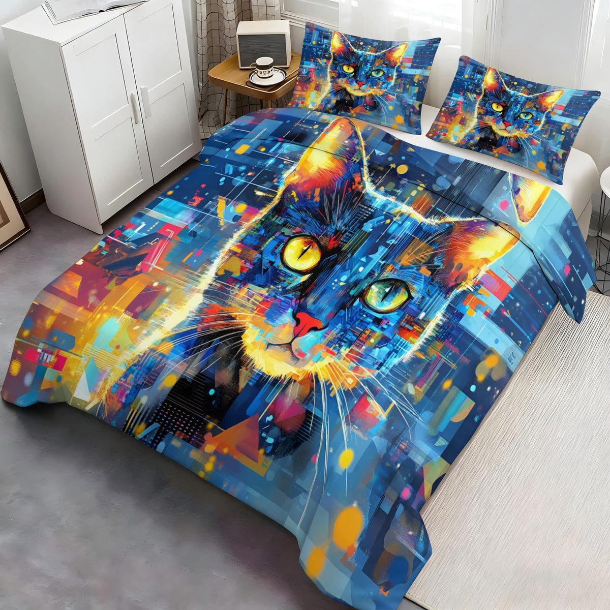ZAMODE Cat Duvet Cover Queen Size, Mystic Pet Kitten Comforter Cover 90" x 90" & 2 Pillowcases, Sci-Fi Cats Bedding Set with Zipper Ties