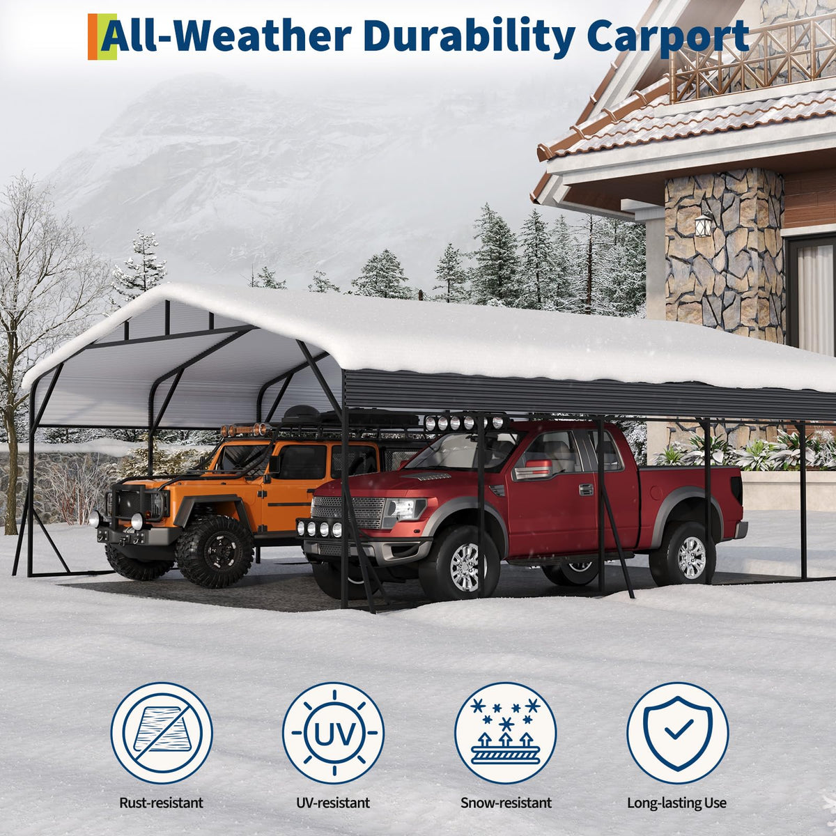 Metal Carport, Carport with Reinforced Base and Galvanized Steel Roof, Heavy Duty Garage Car Shelter Shade, Outdoor Car Port Canopy 20X25 ft