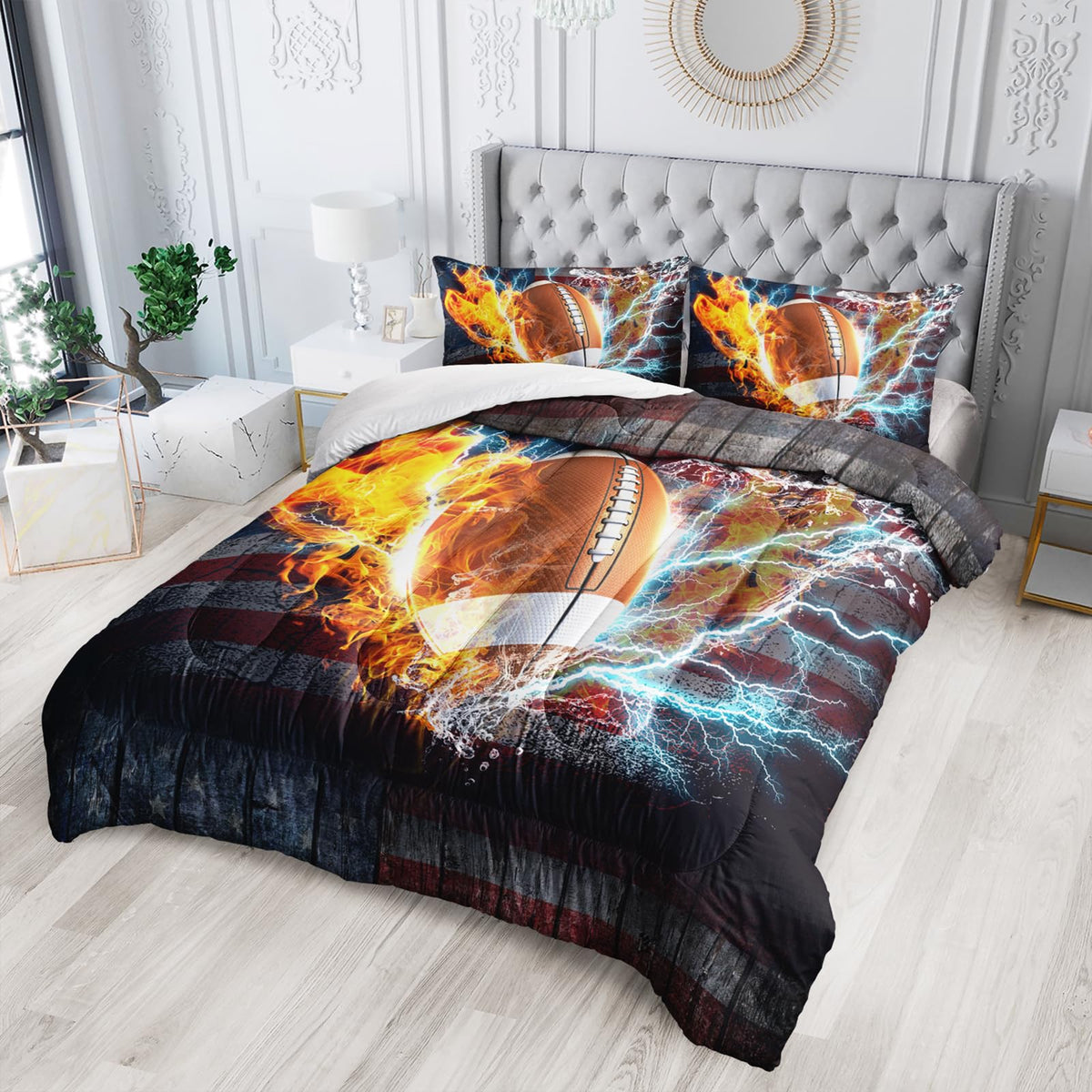 Nttopship Football Comforter Sets Twin Size, Bedding Sets for Kids,US Flag and Fire Football Comforter Sets All Season 1 Comforter and 2 Pillowcases