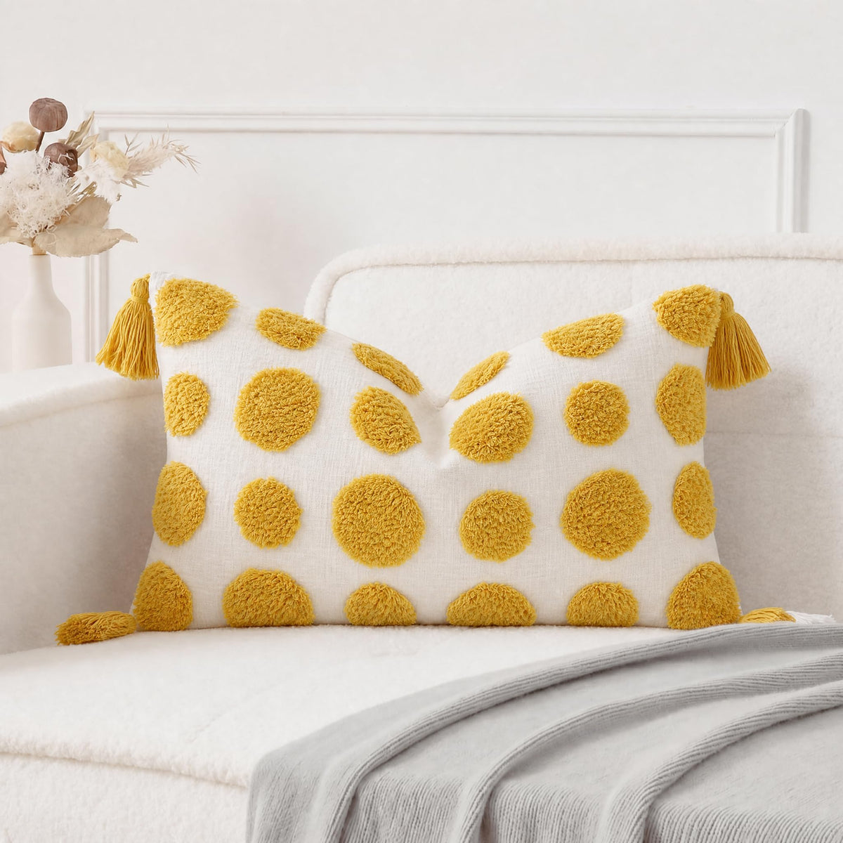 PANOD Super Soft Farmhouse Decorative Plush Throw Pillow Covers 12 x 20 Yellow,Solid Pom pom Tufted with Tassels Modern Accent Boho Lumbar Cushion Cover Pillow Case for Couch Sofa