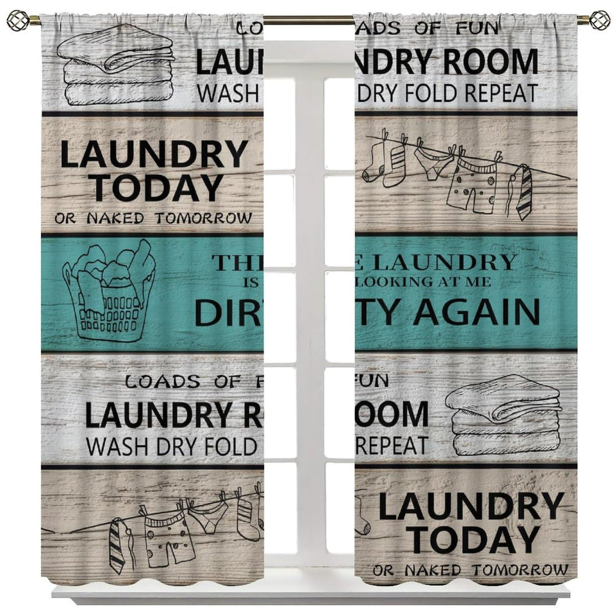 TYVGICZ Laundry Kitchen Curtain Rustic Wash Dry Words Wooden Teal Brown Funny Fun Small Short Window Treatment Tiers for Bedroom Living Room Bathroom Rod Pocket Drapes, 42x45 Inch