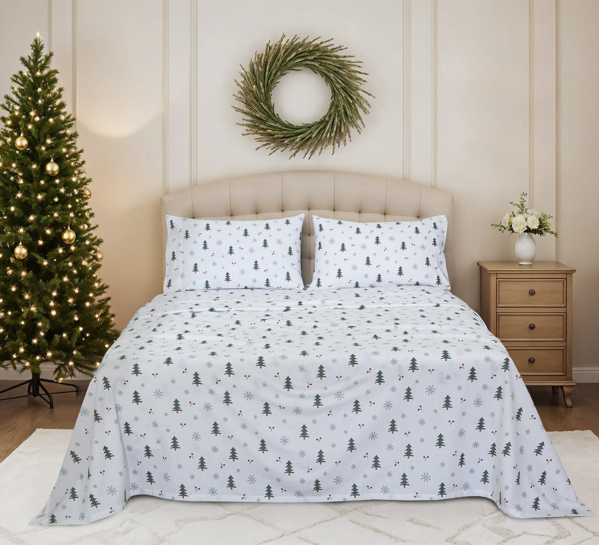 RUVANTI Flannel Sheets Queen Size - 100% Cotton Double Brushed Bed Sheets, Deep Pockets 16 Inches Queen Sheet Set, All Seasons Breathable & Extra Soft - Warm & Cozy, 4 Piece, Berry & Pine