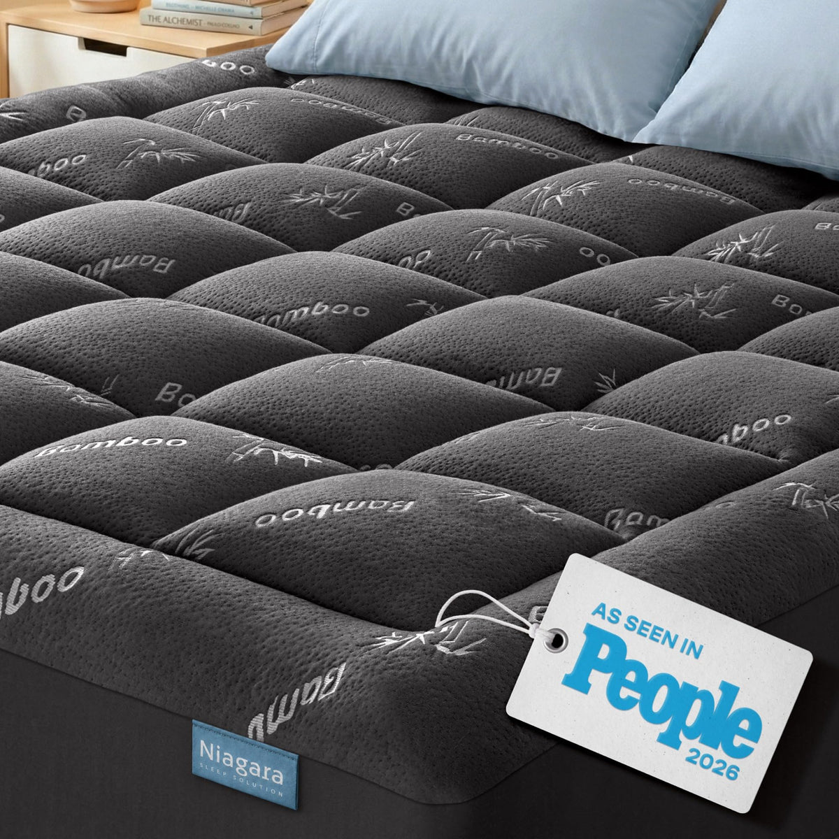 Niagara Sleep Solution Ultra Soft Queen Size Mattress Topper - Rayon Derived from Bamboo Pillow Top Mattress Pad for Back Pain Relief - Naturally Cooling for Hot Sleepers, Dark Gray