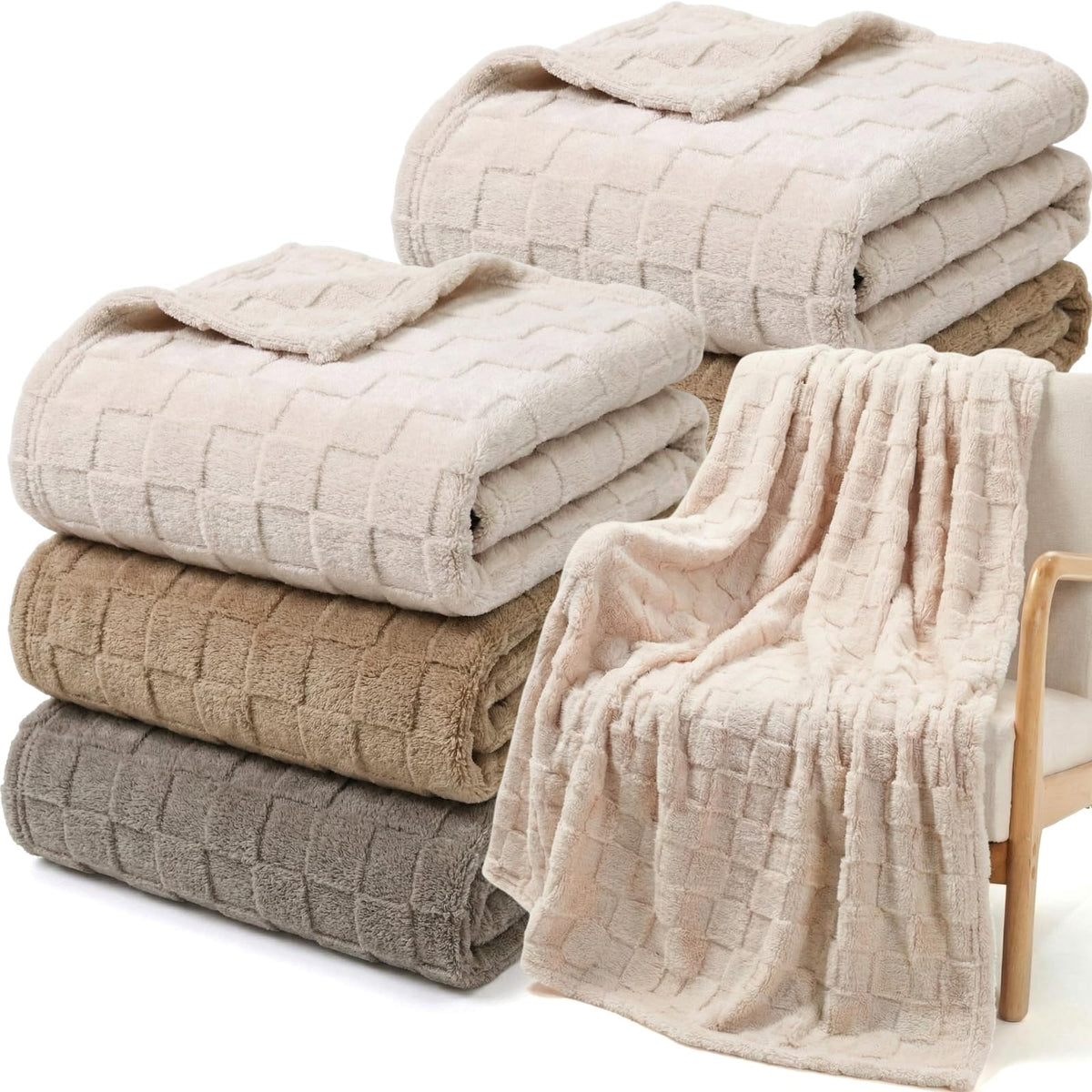 Buryeah 6 Pack Fleece Throw Blankets Bulk, 50 x 60 Inches Soft 3D Checkered Flannel Blankets Warm Sleepover for Couch Sofa Bed (Neutral Colors)