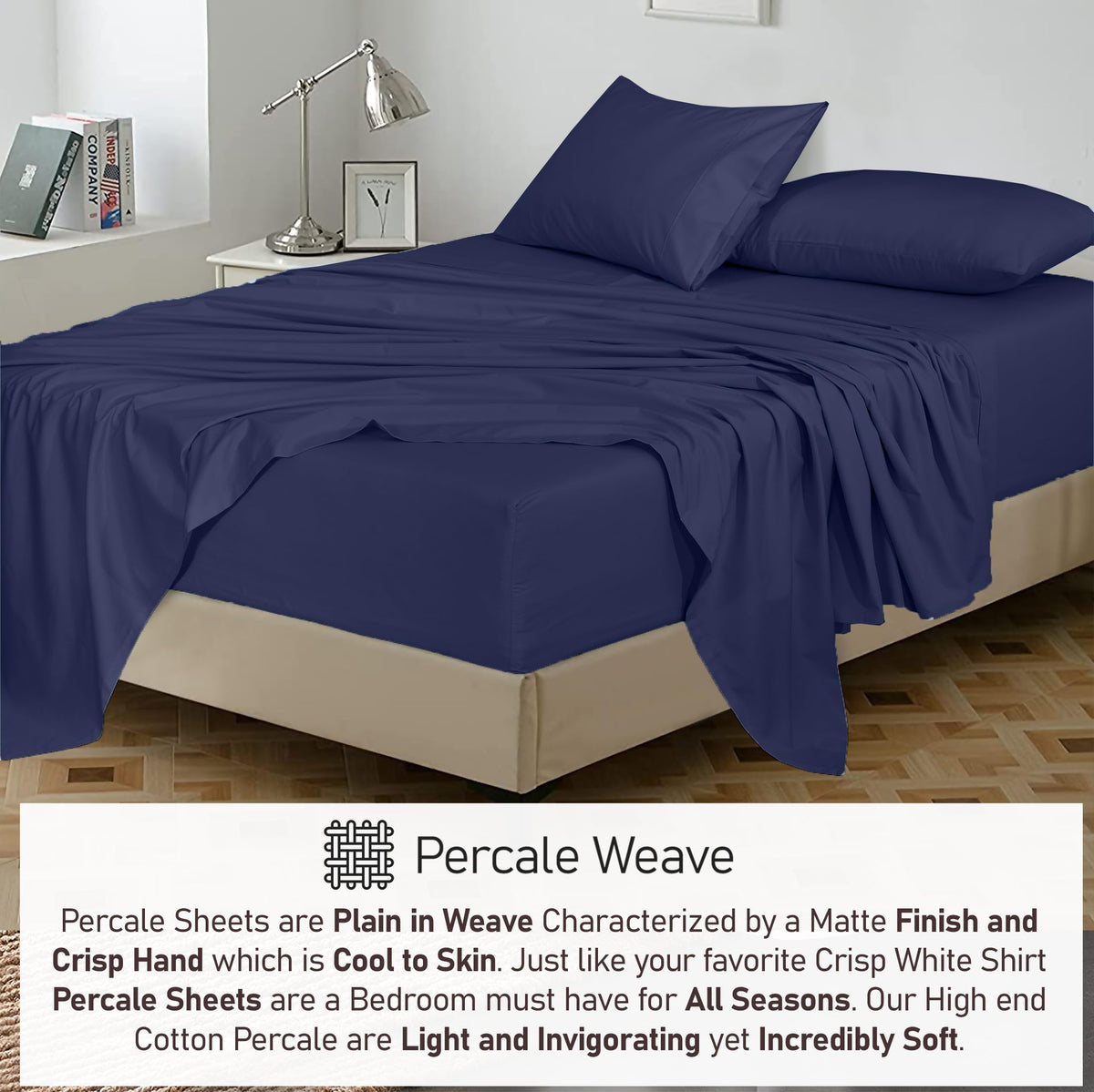 RUVANTI 100% Cotton Percale Sheets, Full Size, Crown Blue