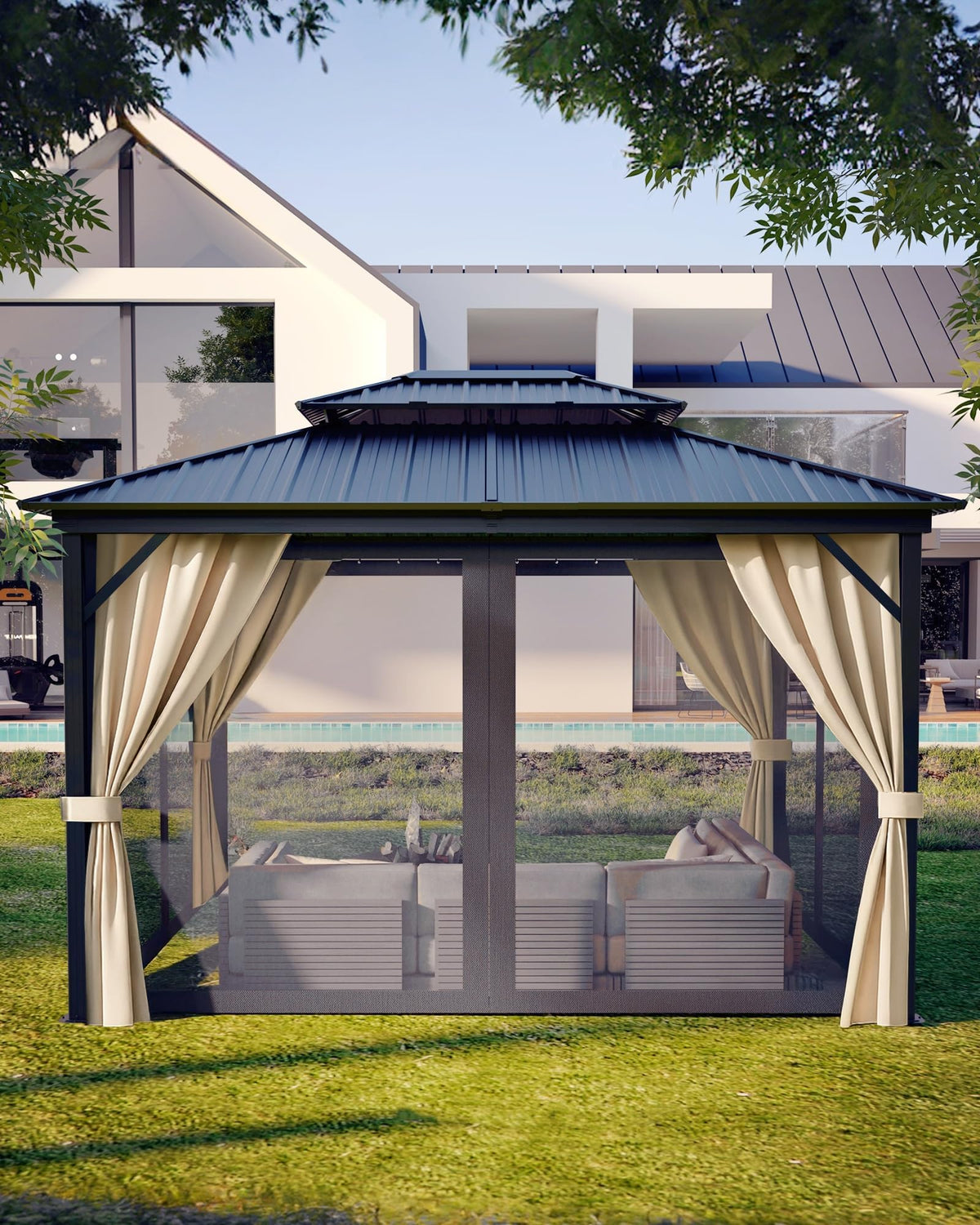 8'X8' Hardtop Gazebo, Outdoor Double Roof Galvanized Steel Gazebo, Aluminum Heavy-Duty Steel Top Canopy with Mosquito Net & Privacy Curtain for Patio, Porch, Garden, Lawn, Deck, Backyard,Gray