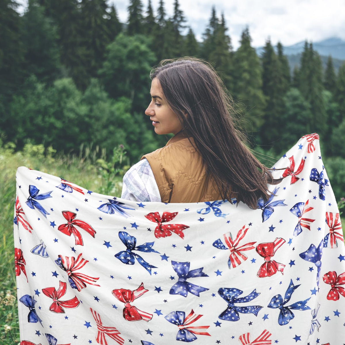 4th of July Throw Blanket American Flag Bows Fleece Flannel for Girls and Women Bows Gifts Soft Cozy Blankets Couch Bed Sofa Preppy Bedroom Cute Bow Decor 60"X50"