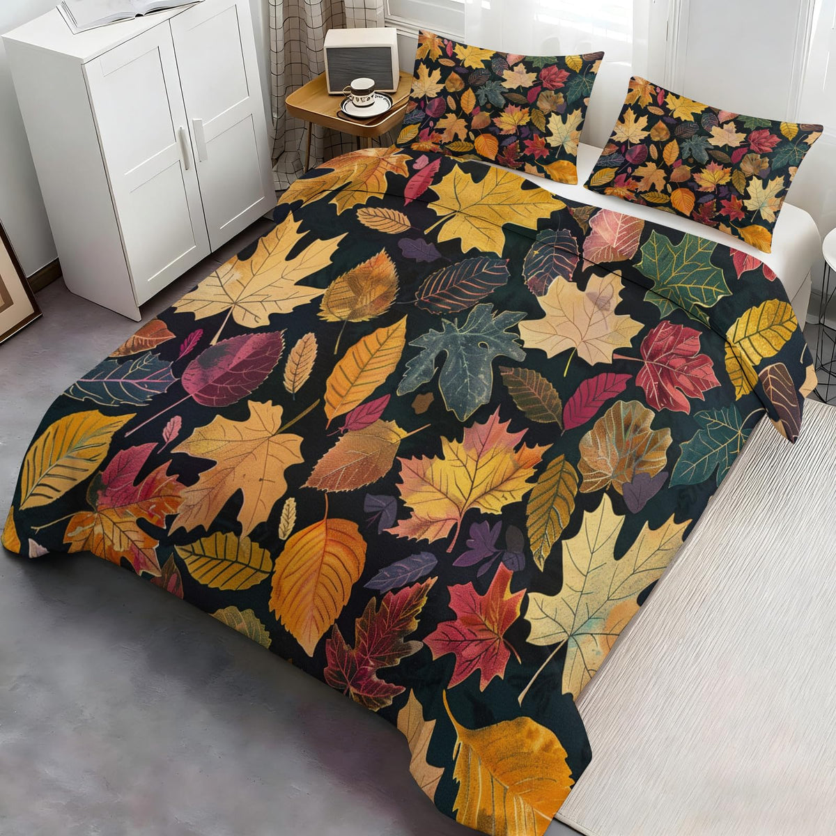 ZAMODE Fall Leaf Duvet Cover 120" x 98", Vintage Leaves Bedding Set, Autumn Plant Comforter Cover with Zipper Ties