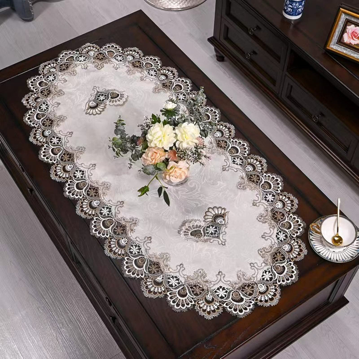 ZMNSZBDBeige Embroidered Lace Tablecloth Lace Coffee Table Cover Oval Hollow Fabric Tablecloth, Washing Machine, Dryer, Refrigerator Top Dust Cover (20''X43'')