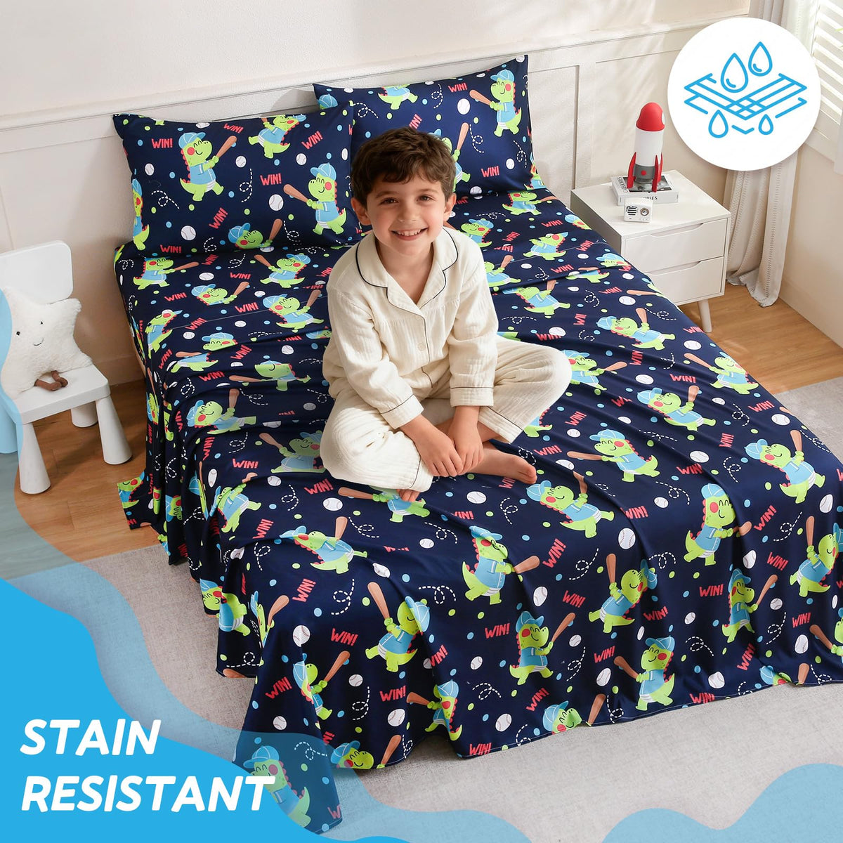 ChicView Twin Sheet Set Kids,3 Pieces Breathable Soft Microfiber Bedsheets for Child Boys Girls, Anti Pilling Deep Pockets Easy Care Bed Sheets, Dino